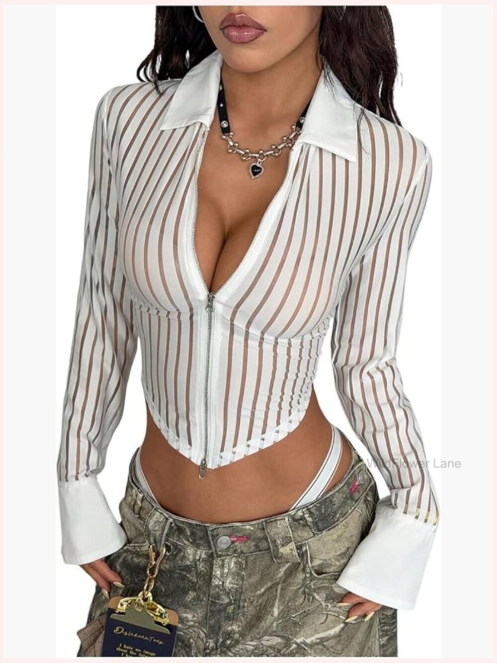 Striped Mesh Zip Up Collared Crop Top Long Sleeve Fitted Blouse Y2K Streetwear